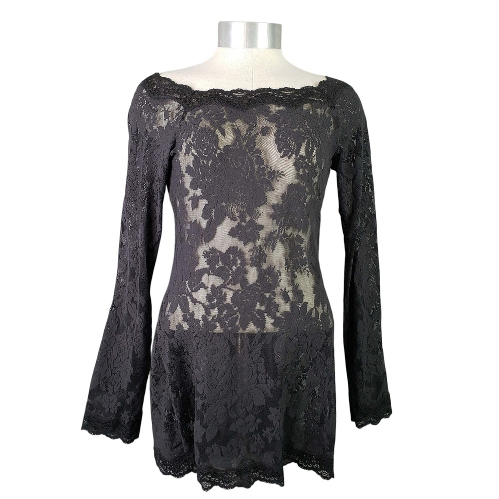 Victorias Secret Lace Mini Dress Womens Medium Black Whimsigoth Bell Sleeve